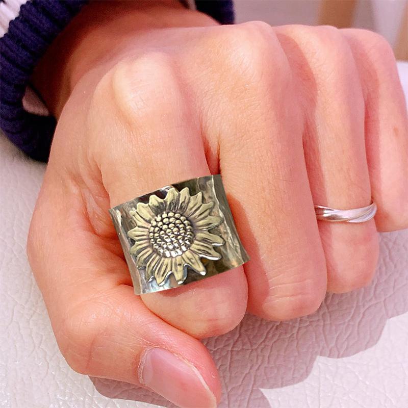 Sunflower Wide Band Silver Ring