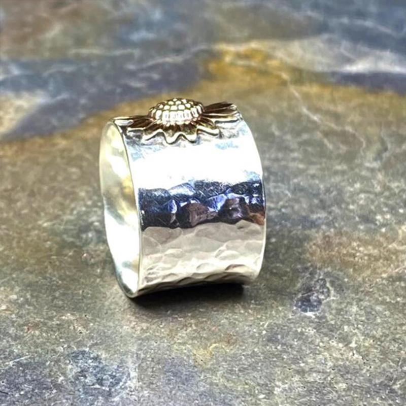 Sunflower Wide Band Silver Ring