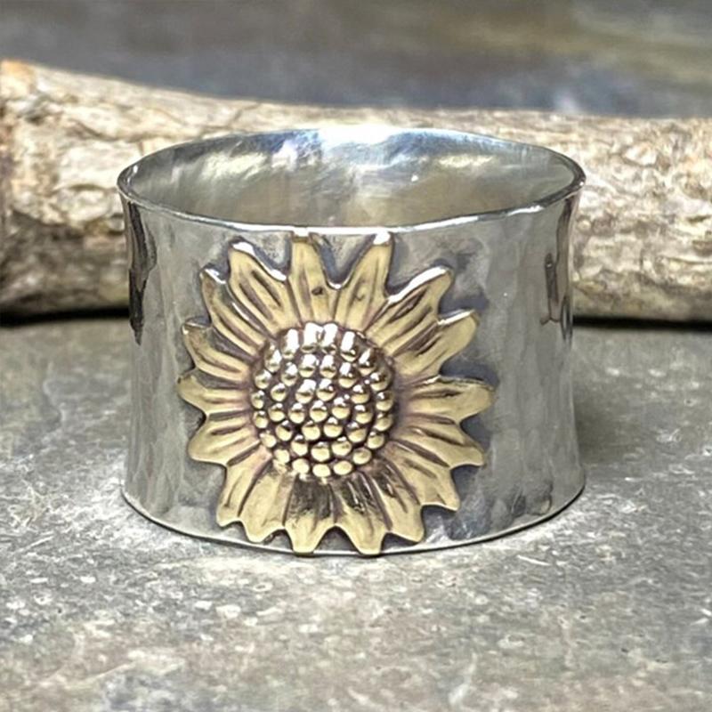 Sunflower Wide Band Silver Ring