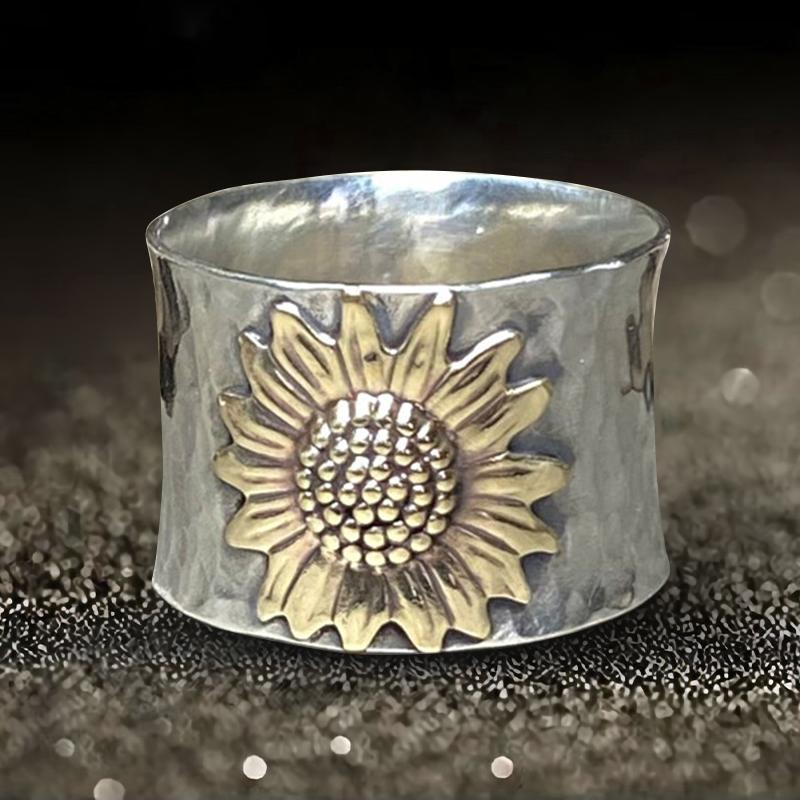 Sunflower Wide Band Silver Ring