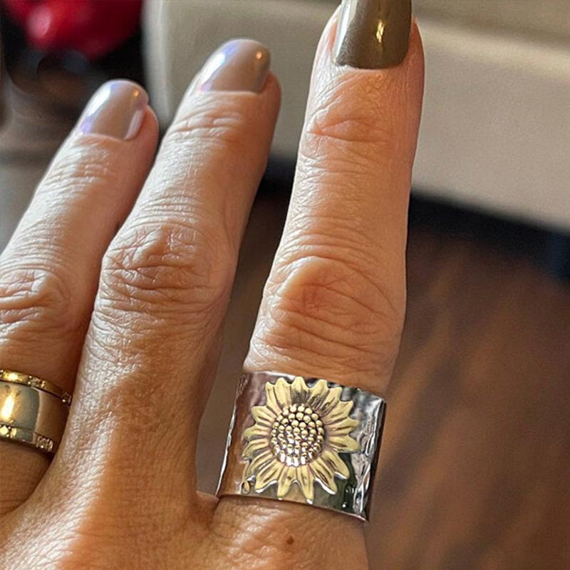 Sunflower Wide Band Silver Ring