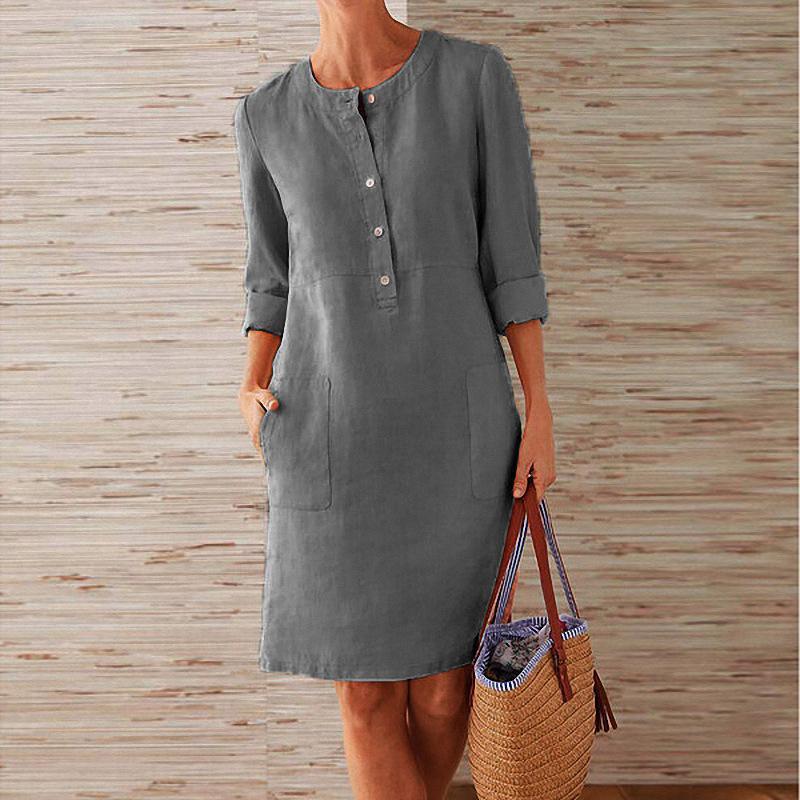 Solid Color Cotton and Linen Dress