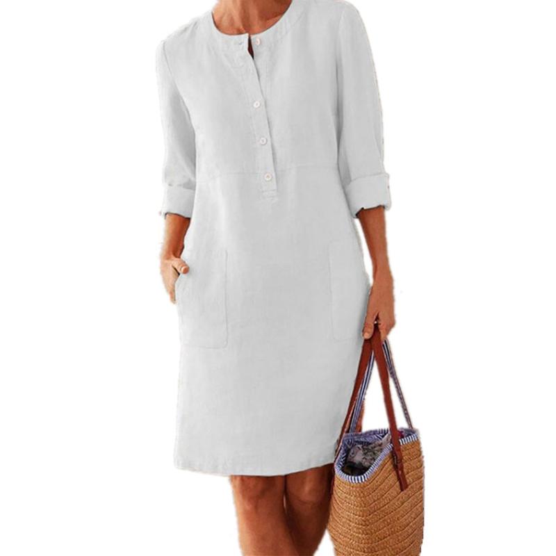 Solid Color Cotton and Linen Dress